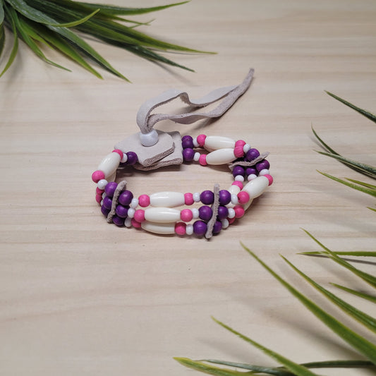 Bracelet de billes de bois roses et mauves