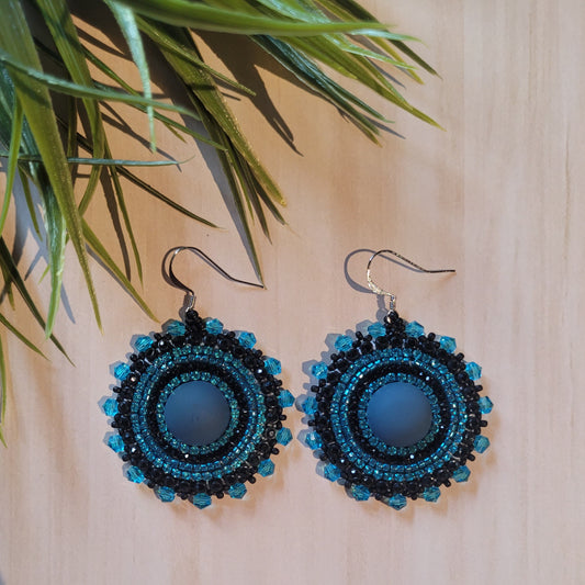 Blue and black round earrings